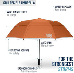 Weatherman Umbrella - Collapsible Umbrella - Windproof Umbrella Resists Up to 55 MPH Winds (Neon Orange)