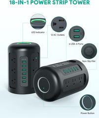 Power Strip Tower With 12 Widely Spaced AC Multiple Outlets & 6 USB Ports for Phones - Smart Tech Shopping
