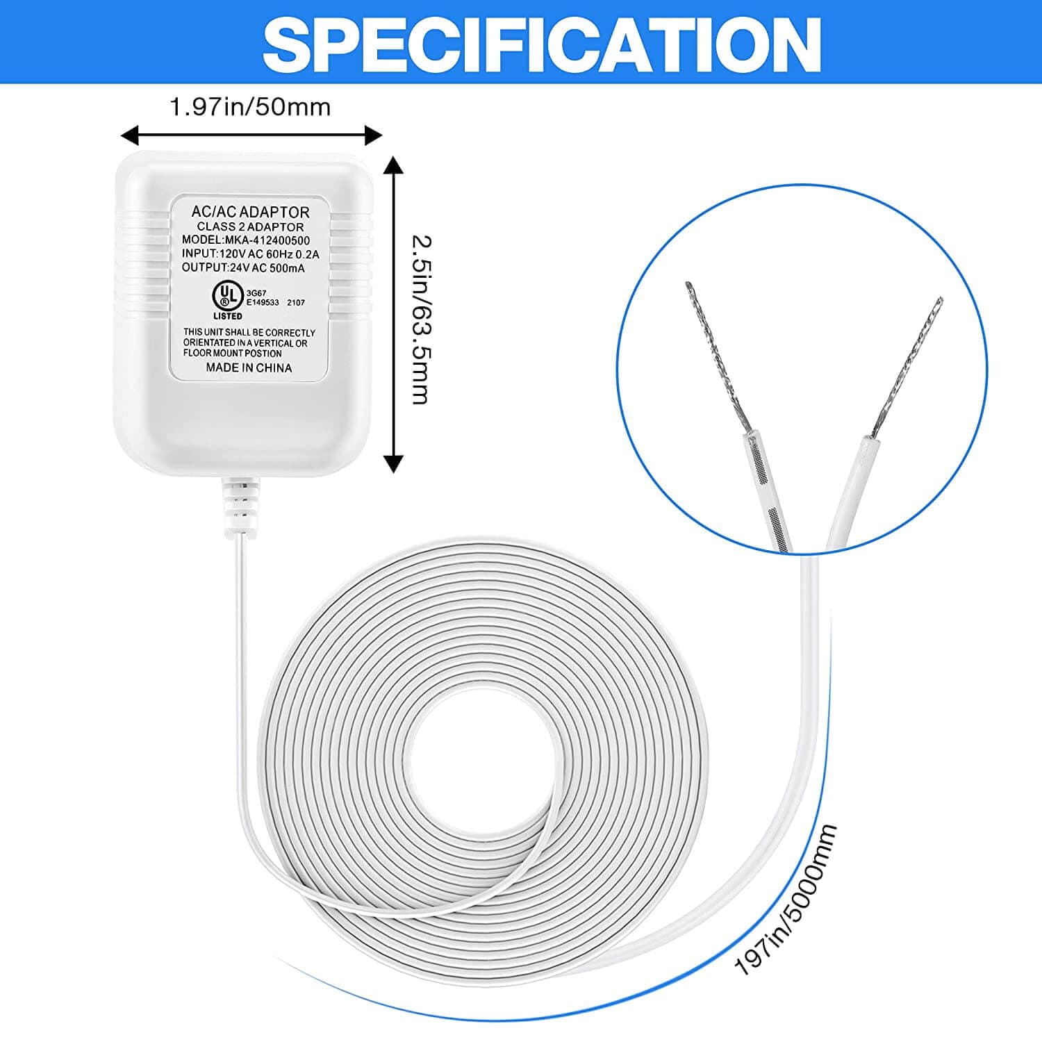 24 Volt Transformer, C Wire Power Adapter Compatible with Wyze Video Doorbell, 24VAC 500mA Transformer UL Certified with 16.4 Feet Cable Supply Power with Wyze HD Chime - Smart Tech Shopping