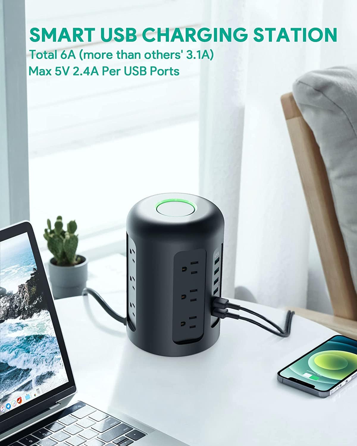 Power Strip Tower With 12 Widely Spaced AC Multiple Outlets & 6 USB Ports for Phones - Smart Tech Shopping