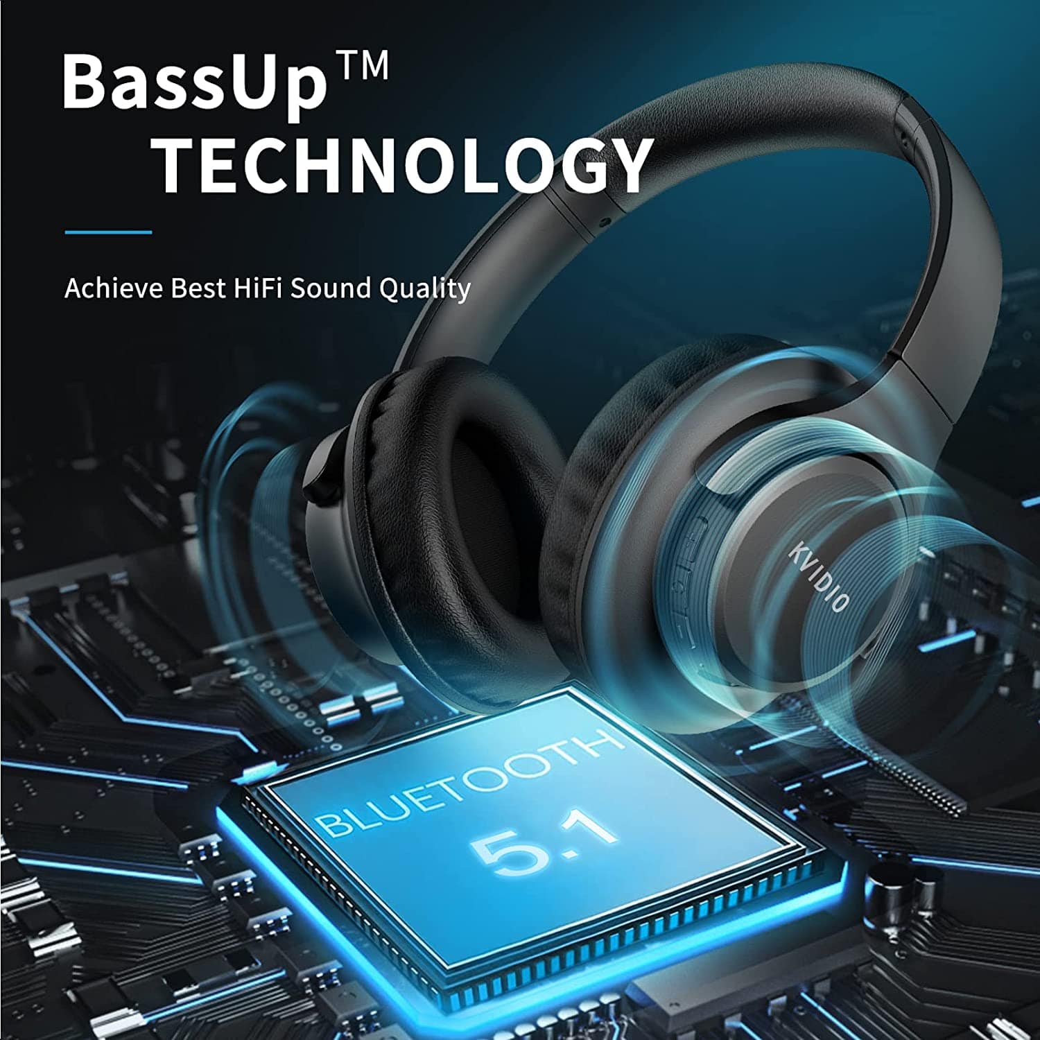 KVIDIO 55Hr Bluetooth Over-Ear Headphones w/Mic, Hi-Fi Sound, Deep Bass, Foldable - Smart Tech Shopping