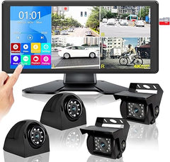 RV Backup Camera System with 10.36’’ 4K Monitor for RV Truck Bus Trailer with Rear Side View 4 AHD Camera 4 Splits Touch Screen DVR Recording IP69 Waterproof Bluetooth Music Video Playback Avoid Blind