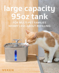 Veken Innovation Award Winner Stainless Steel Cat Water Fountain, 95oz/2.8L Automatic Pet Fountain Dog Water Dispenser with Replacement Filters & Silicone Mat for Cats, Dogs, Multiple Pets (Silver)