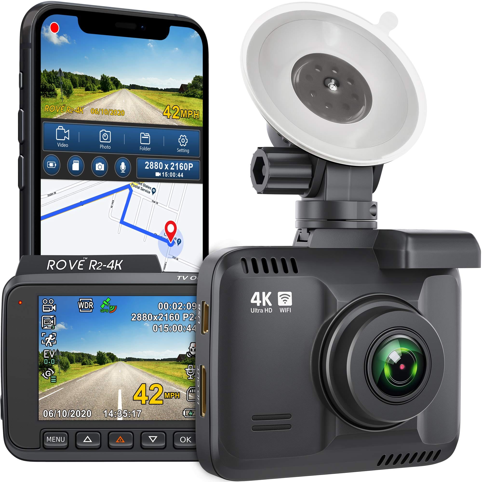 Rove R2- 4K Dash Cam Built in WiFi GPS Car Dashboard Camera Recorder with UHD 2160P, 2.4" LCD, 150° Wide Angle, WDR, Night Vision - Smart Tech Shopping