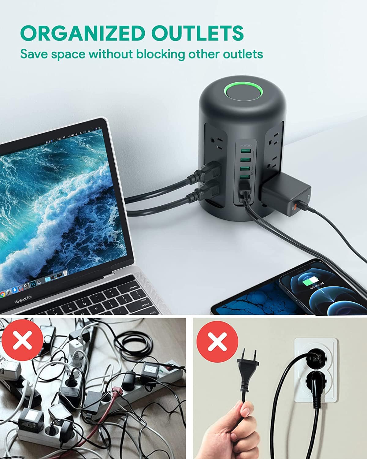 Power Strip Tower With 12 Widely Spaced AC Multiple Outlets & 6 USB Ports for Phones - Smart Tech Shopping