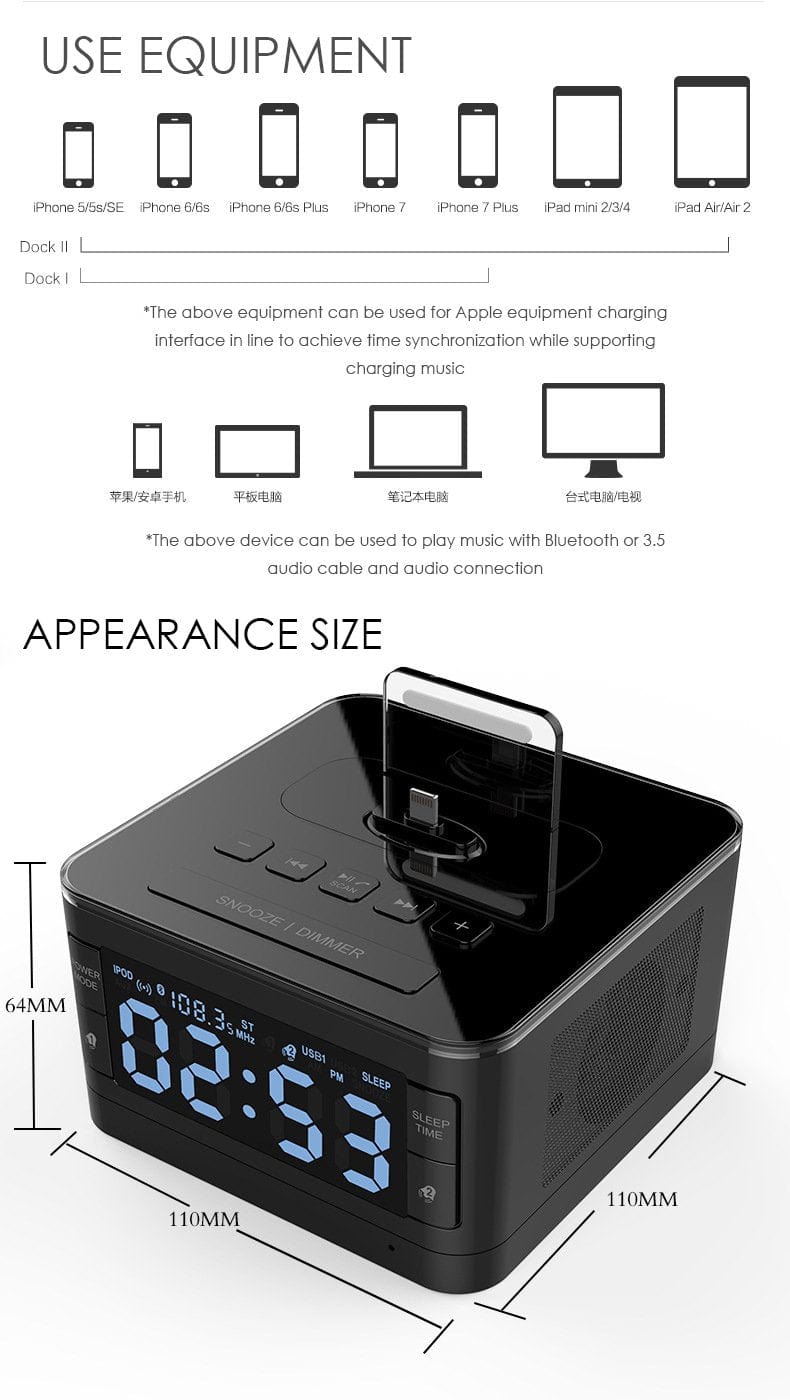 TOPROAD Wireless Bluetooth Speaker 8 Pin Charger Dock Station FM Radio Alarm Clock Audio Music - Smart Tech Shopping