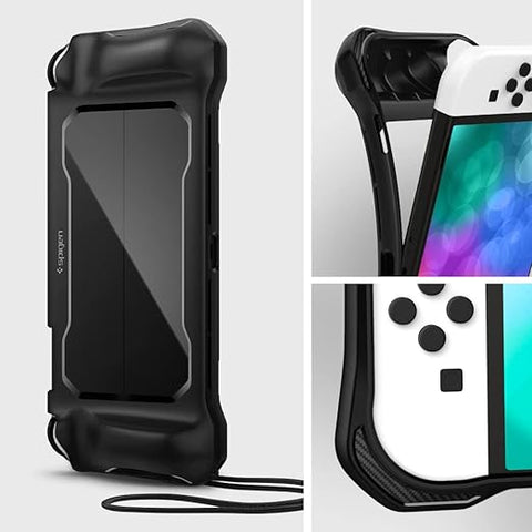Spigen Rugged Armor Designed for Nintendo Switch OLED Model 7 Inch and Joy-Con Controller TPU Grip with Strap Protective Case (2021) - Matte Black