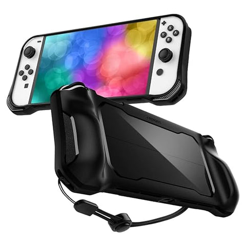 Spigen Rugged Armor Designed for Nintendo Switch OLED Model 7 Inch and Joy-Con Controller TPU Grip with Strap Protective Case (2021) - Matte Black