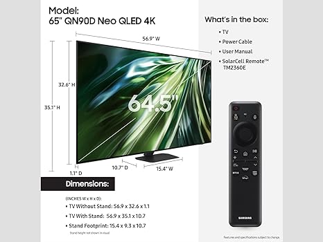 SAMSUNG 65-Inch Class QLED 4K QN90D Series Neo Quantum HDR+ Smart TV w/Dolby Atmos, Object Tracking Sound+, Motion Xcelerator, Real Depth Enhancer Pro, Alexa Built-in (QN65QN90D, 2024 Model)