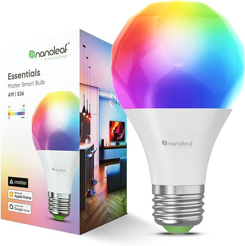 Nanoleaf Essentials Smart LED Color-Changing Light Bulb (60W) - RGB & Warm to Cool Whites, App & Voice Control (Works with Apple Home, Google Home, Samsung SmartThings) (Matter A19 (1 Pack))