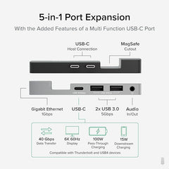 Plugable 5-in-1 USB C Hub Multiport Adapter for MacBook Pro 14/16 Inch, Macbook Air M2 - USB-C 40Gbps Port Compatible with Thunderbolt/USB4 and 100W PD, Supports MagSafe (Ethernet, 2x USB), Driverless