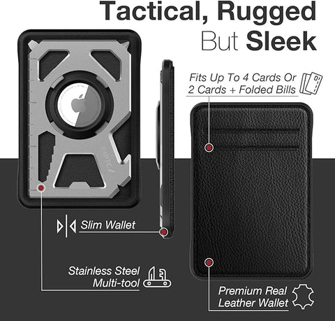 Raptic Tactical Wallet Case for Apple AirTags, Multifunctional 4-Card Wallet with AirTag Holder, 8-in-1 Multitool, Stainless Steel and Real Leather