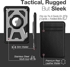Raptic Tactical Wallet Case for Apple AirTags, Multifunctional 4-Card Wallet with AirTag Holder, 8-in-1 Multitool, Stainless Steel and Real Leather