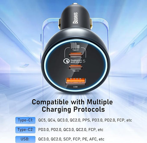 160W USB C Car Charger, Baseus Type C Car Charger, QC5.0 PD3.0 PPS 3 Ports Super Fast Charging Car Phone Charger Adapter for iPhone 15 14 13 Pro, Samsung S22 iPad MacBook Pro