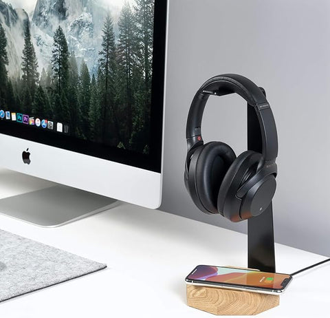 Oakywood 2 in 1 Headphone Stand with Fast QI Wireless Charging - Premium Wooden Headset Holder & Charger (Oak)