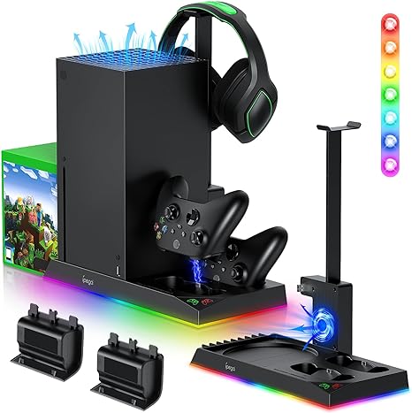 RGB Charging Stand with Cooling Fan for Xbox Series X Console & Controller,Dual Charger Station Cooler System Accessories with 15 RGB Lights,2 x 1400mAh Rechargeable Battery,Headphone stand,Game Discs