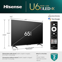 Hisense 65-Inch Class U6 Series Mini-LED ULED 4K UHD Google Smart TV (65U6K) - QLED, Full Array Local Dimming, Dolby Vision IQ，HDR 10+, VRR Game Mode Plus, 240 Motion Rate, Alexa Compatibility