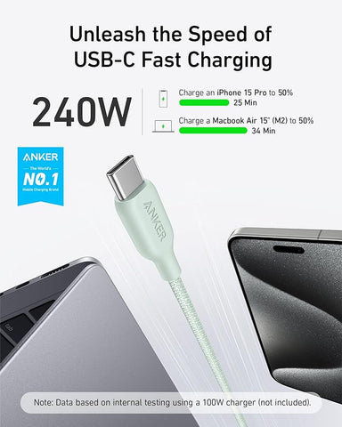 Anker USB C to USB C Cable (240W, 6ft), Bio-Braided Charger Cable, Fast Charge for iPhone 15/15 Pro, MacBook Pro 2020, iPad Pro 2020, iPad Air 4, Samsung Galaxy S23+/S23 Ultra (Natural Green)