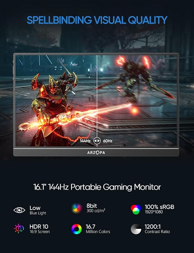 ARZOPA 16.1" 144Hz Portable Monitor: Unleash Flawless Gaming on-the-Go