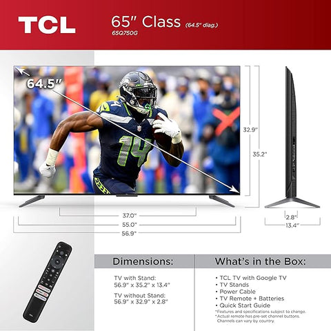 TCL 65-Inch Q7 QLED 4K Smart Google TV (65Q750G) 2023 Model with Dolby Vision & Atmos, HDR Ultra, 120Hz, Game Accelerator up to 240Hz, Voice Remote