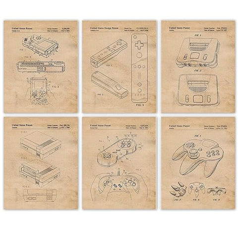 Vintage Video Games Console Controller Patent Prints, 6 (8x10) Unframed Photos, Wall Art Decor Gifts Under 25 for Home Office Garage Man Cave Shop College Student Teacher Comic-Con Nintendo Gaming Fan