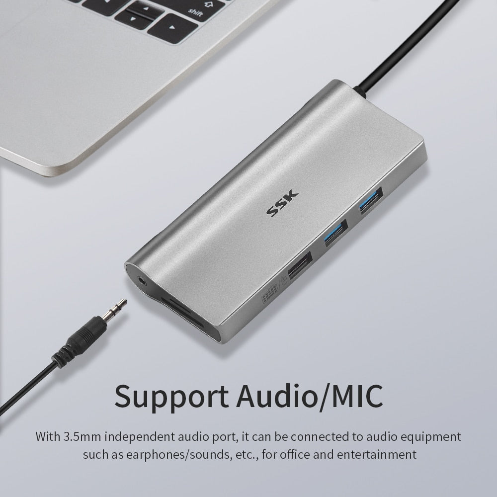 SSK USB C Hub 10 in 1 Type C to HDMI 4K USB 3.0 VGA PD Audio MIC Multiport Adapter for MacBook Pro/Air typc C Laptop/XPS