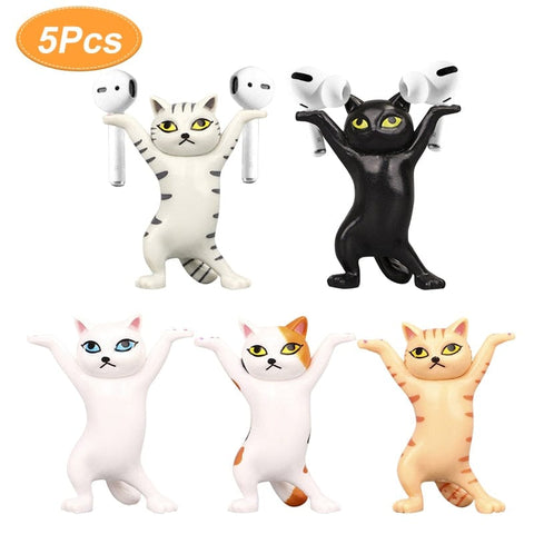 Smart Tech Shopping air tag holder 5pcs Dancing Cat Stand for AirPods: Cute Headphones Stand and Desk Decoration