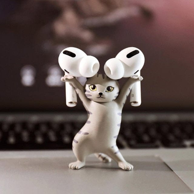 Smart Tech Shopping air tag holder gray Dancing Cat Stand for AirPods: Cute Headphones Stand and Desk Decoration