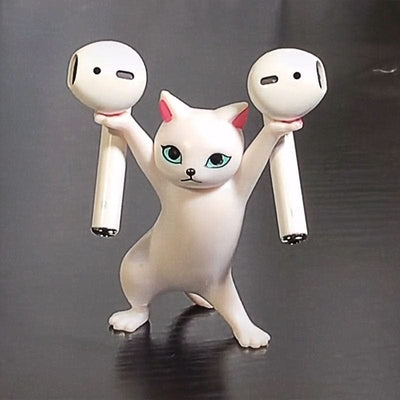 Smart Tech Shopping air tag holder white Dancing Cat Stand for AirPods: Cute Headphones Stand and Desk Decoration