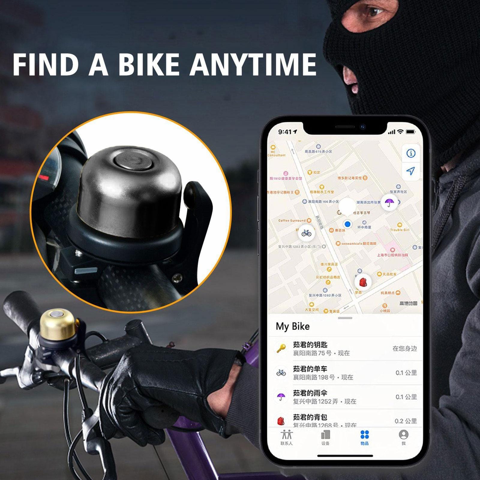 Smart Tech Shopping bicycle bell Black Waterproof Black Clear Sound 22-25mm Anti-Theft Bracket Hidden In Bicycle Bell With Airtag Holder