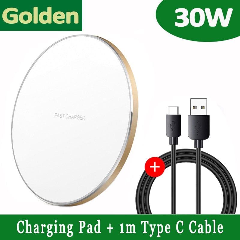 Smart Tech Shopping Charging Pad Golden with Cable VIKEFON 30W Qi Wireless Charging Pad for iPhone, Samsung Galaxy