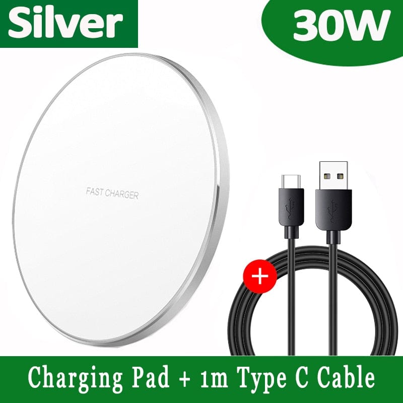 Smart Tech Shopping Charging Pad Silver with Cable VIKEFON 30W Qi Wireless Charging Pad for iPhone, Samsung Galaxy