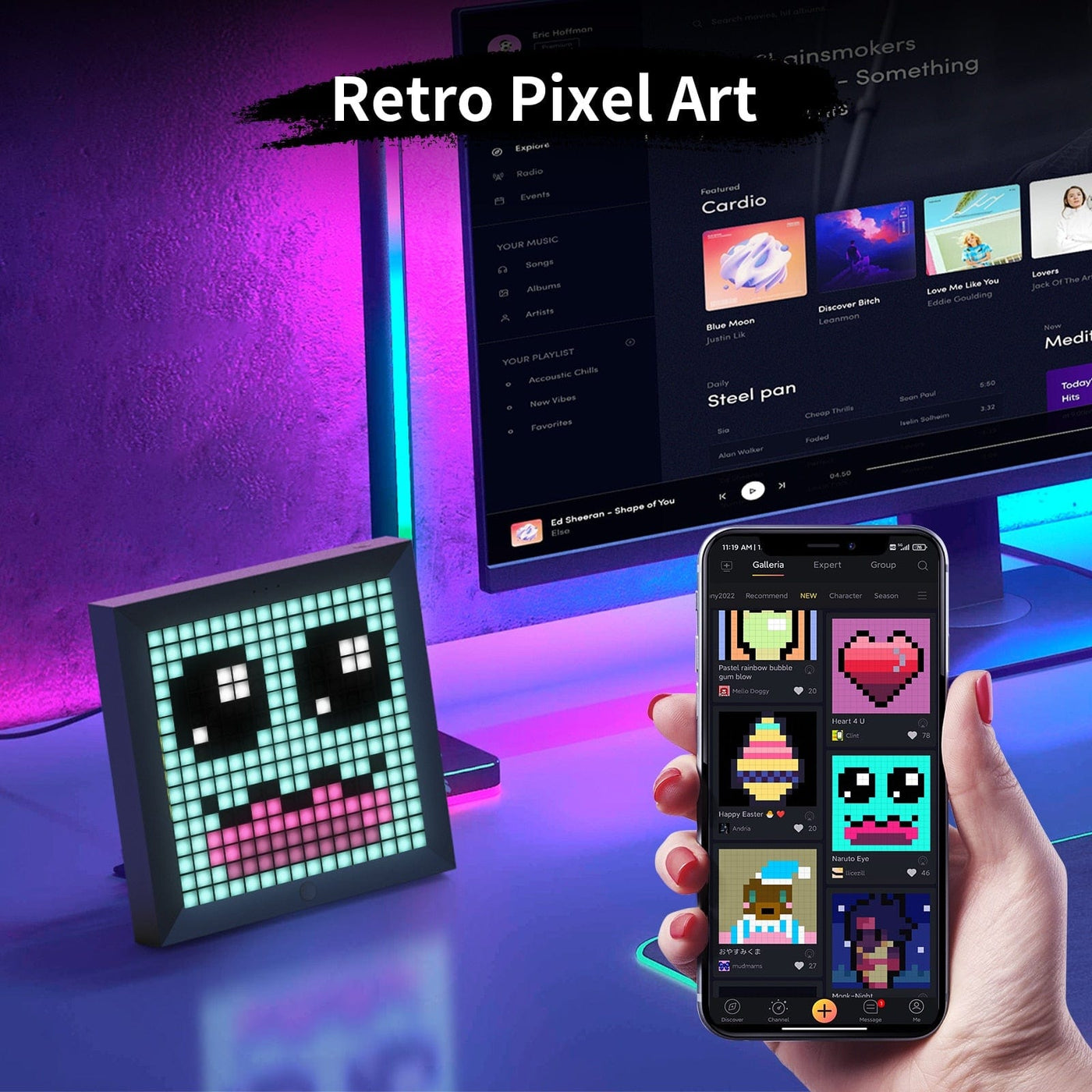 Smart Tech Shopping gaming pads Black Pixel Art Digital Photo Frame and LED Wall Clock - Customizable Home Decor and Gaming Room Essential