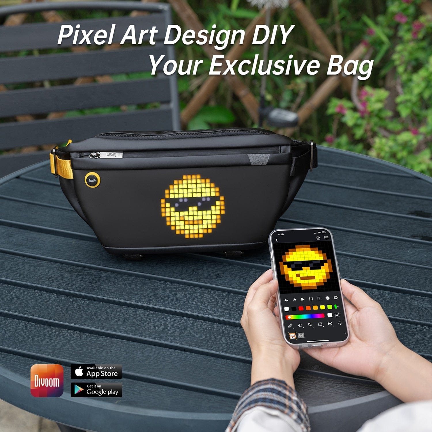 Smart Tech Shopping travel bag Black Divoom Pixel Sling Bag: Customizable Waterproof Fashion for Outdoor Activities