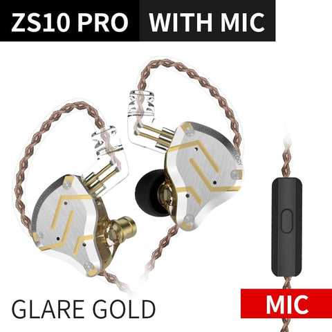 Smart Tech Shopping Wireless Earbuds Glare Gold Mic KZ ZS10 Pro Gold Earphones: Hybrid 10 Drivers HIFI Bass Earbuds for Exceptional Sound Experience
