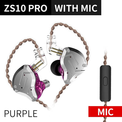 Smart Tech Shopping Wireless Earbuds Purple Mic KZ ZS10 Pro Gold Earphones: Hybrid 10 Drivers HIFI Bass Earbuds for Exceptional Sound Experience