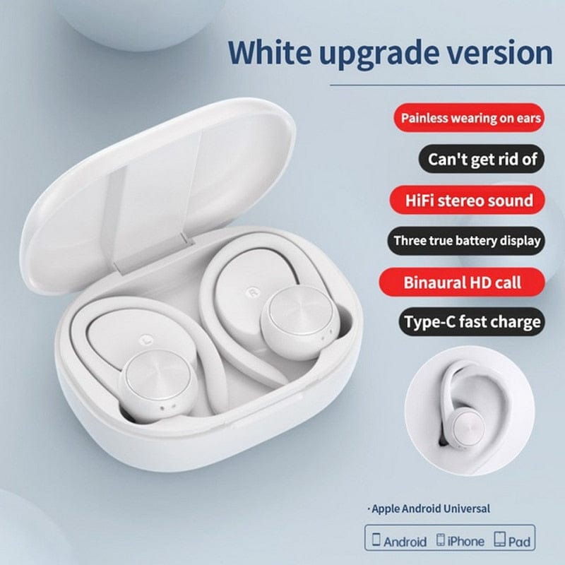 Smart Tech Shopping Wireless Earphones White Sports Bluetooth Wireless Headphones with Mic IPX5 Waterproof Ear Hooks Earphones