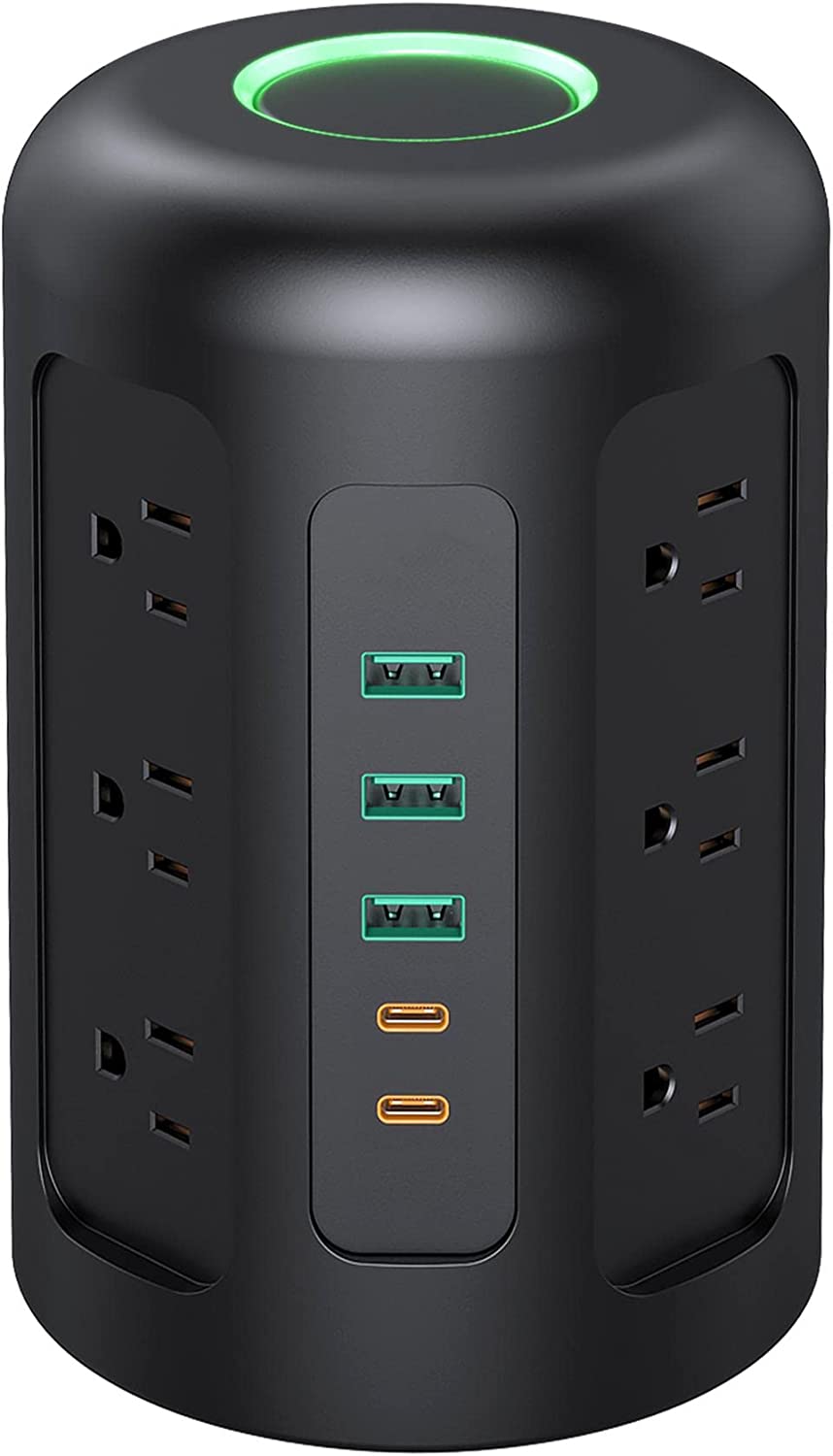 SmartTechShopping charger socket 12 * AC + 3 * USB-A + 2 * USB-C Black Power Strip Tower With 12 Widely Spaced AC Multiple Outlets & 6 USB Ports for Phones