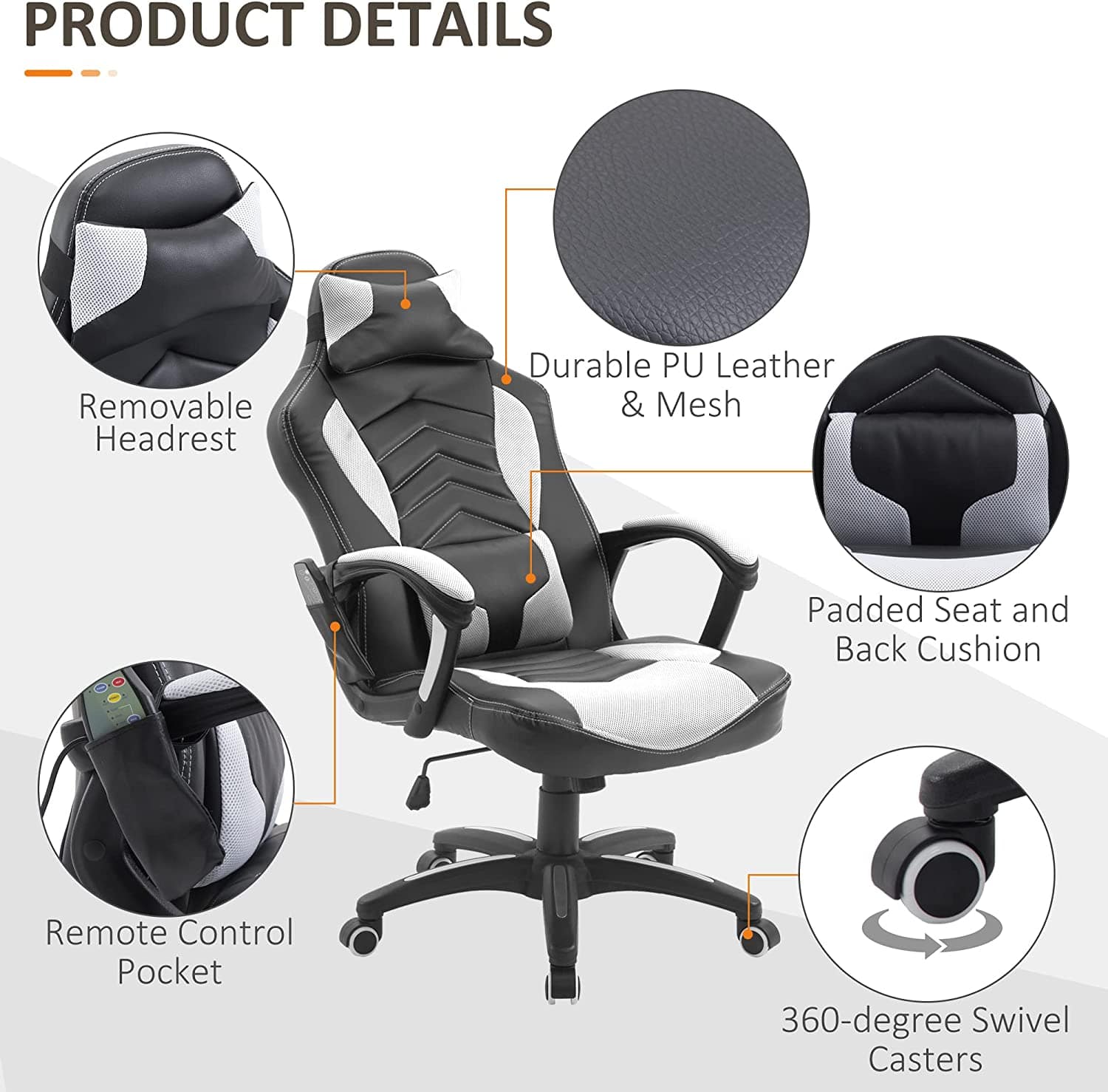 SmartTechShopping Gaming chair Best Gaming Chair with Heat and Massage - HOMCOM 6 Vibrating Point Massage Computer Gaming Chair with 5 Modes