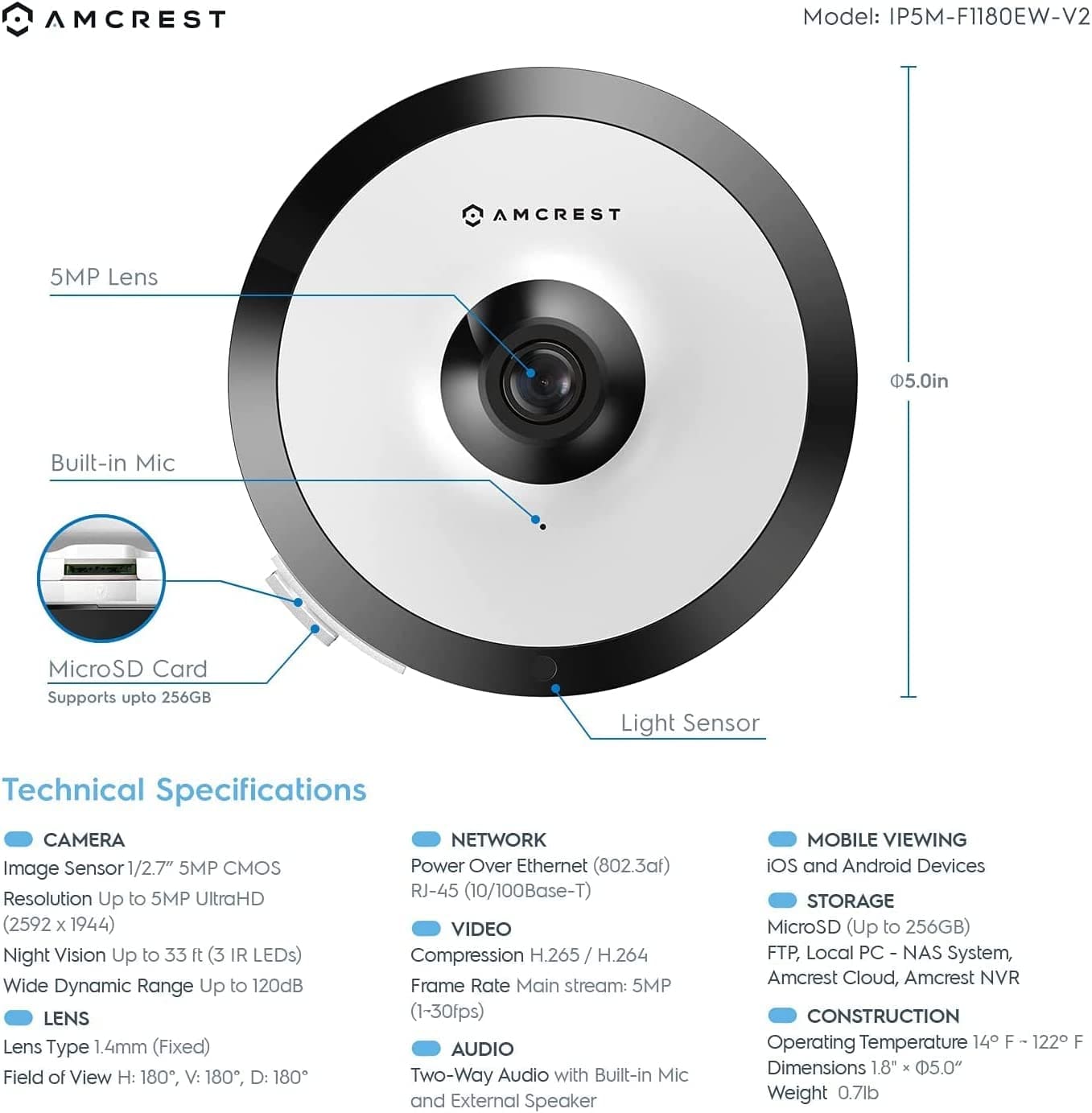 SmartTechShopping security camera Amcrest Fisheye IP POE Camera, 360° Panoramic 5-Megapixel POE IP Camera with 33ft Night Vision