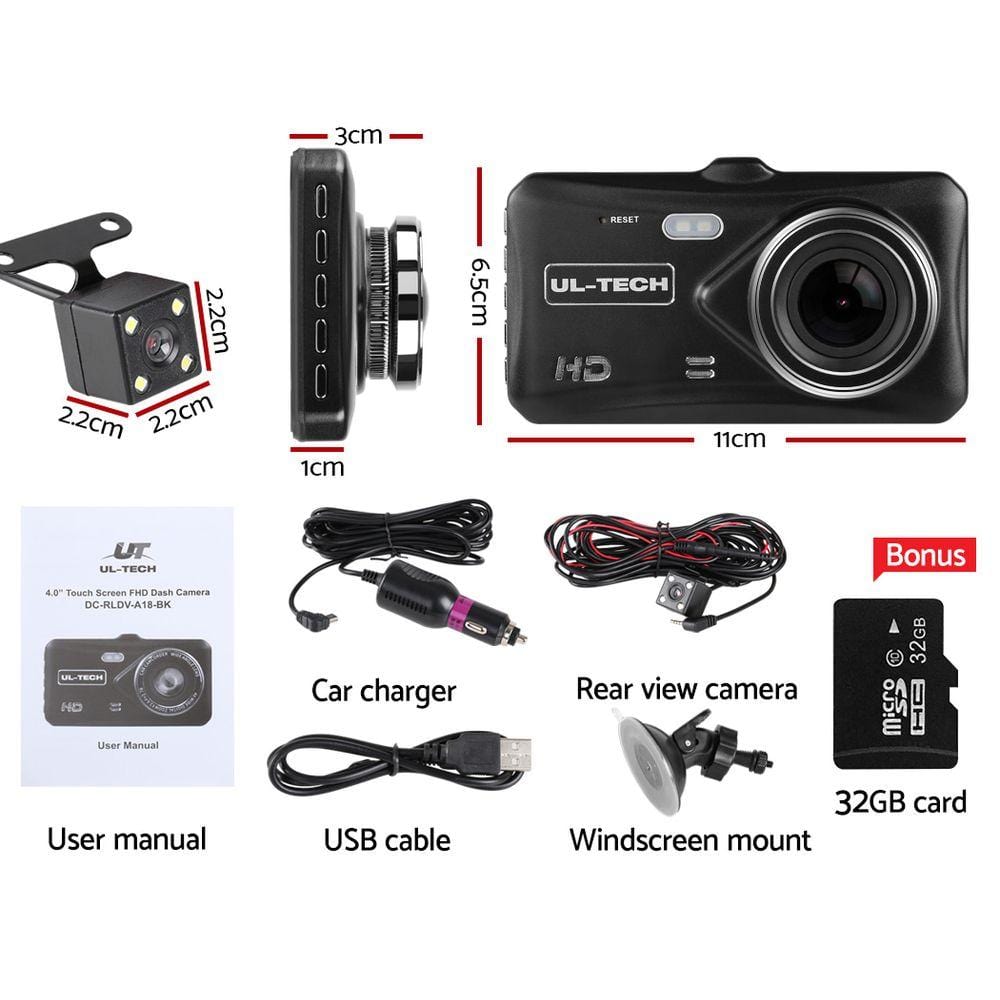 UL-TECH Brand > UL Tech UL Tech 4 Inch Dual Camera Dash Camera - Black
