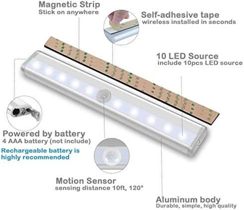 QualityWatt LED Motion Sensor Light Indoor [3-Pack] – Battery LED Lights – Motion Sensor Closet Lights, Under Cabinet Lights, Night Light, Wall Light – 10 Bulbs Per LED Strip Light