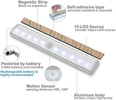 QualityWatt LED Motion Sensor Light Indoor [3-Pack] – Battery LED Lights – Motion Sensor Closet Lights, Under Cabinet Lights, Night Light, Wall Light – 10 Bulbs Per LED Strip Light