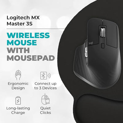 Logitech MX Master 3S Wireless Mouse with Black Mousepad and Microfiber Cloth - Logitech MX Master 3 S Mouse for Mac OS Windows Chrome Linux - 8000 DPI, 90% Faster Scrolling, Quiet Clicks (Graphite)