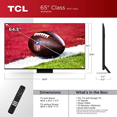 TCL 65QM850G 65" QLED 4K TV 2023 | Dolby Vision, HDR, Game Accelerator, Voice Remote
