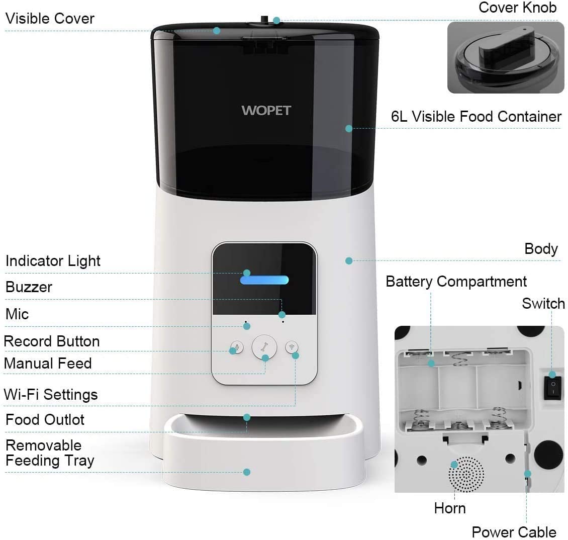 WOPET 6L Automatic Cat Feeder,Wi-Fi Enabled Smart Pet Feeder for Cats and Dogs,Auto Dog Food Dispenser with Portion Control, Distribution Alarms and Voice Recorder Up to 15 Meals per Day Whit