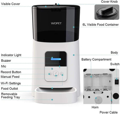WOPET 6L Automatic Cat Feeder,Wi-Fi Enabled Smart Pet Feeder for Cats and Dogs,Auto Dog Food Dispenser with Portion Control, Distribution Alarms and Voice Recorder Up to 15 Meals per Day Whit