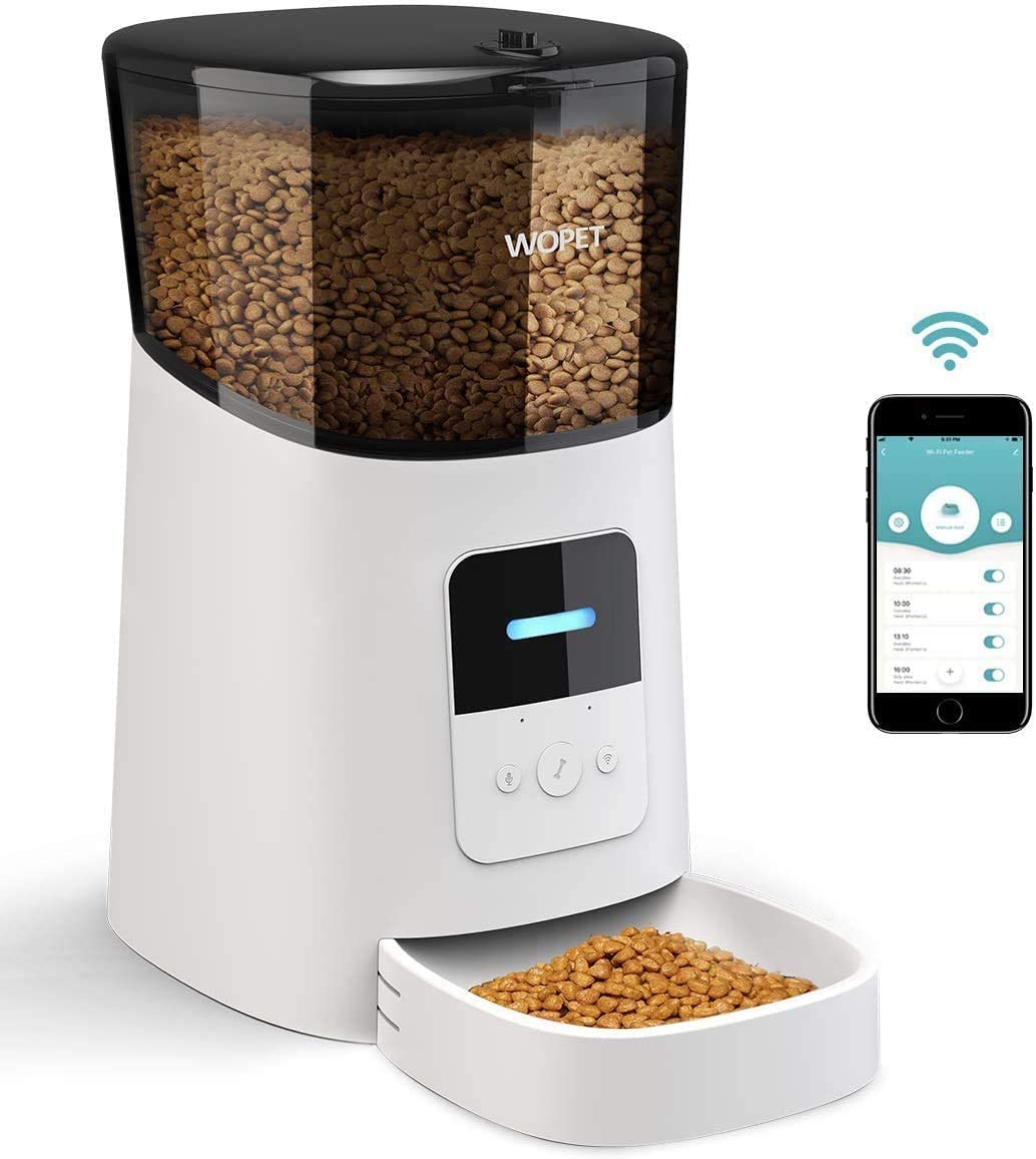 WOPET 6L Automatic Cat Feeder,Wi-Fi Enabled Smart Pet Feeder for Cats and Dogs,Auto Dog Food Dispenser with Portion Control, Distribution Alarms and Voice Recorder Up to 15 Meals per Day Whit