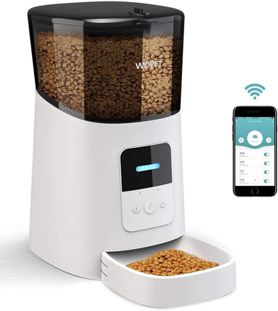 WOPET 6L Automatic Cat Feeder,Wi-Fi Enabled Smart Pet Feeder for Cats and Dogs,Auto Dog Food Dispenser with Portion Control, Distribution Alarms and Voice Recorder Up to 15 Meals per Day Whit