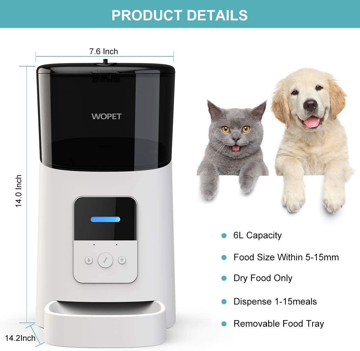WOPET 6L Automatic Cat Feeder,Wi-Fi Enabled Smart Pet Feeder for Cats and Dogs,Auto Dog Food Dispenser with Portion Control, Distribution Alarms and Voice Recorder Up to 15 Meals per Day Whit
